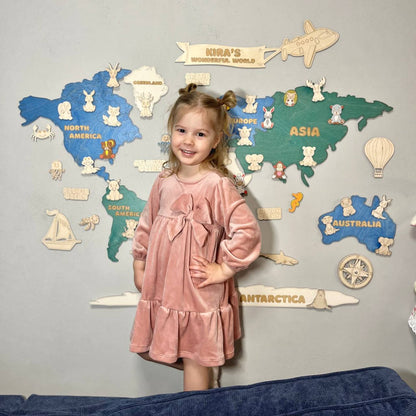 Busy Toys™ Drewniana mapa świata - Animal Planet - Niebieska
