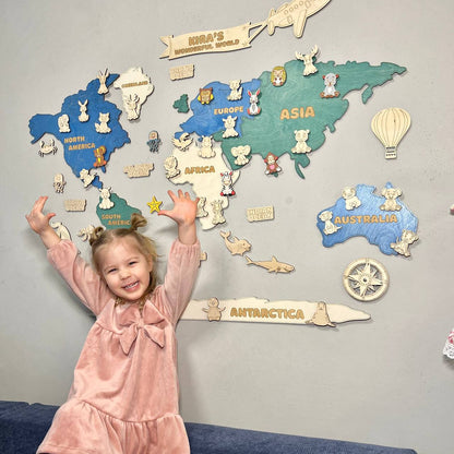Busy Toys™ Drewniana mapa świata - Animal Planet - Niebieska